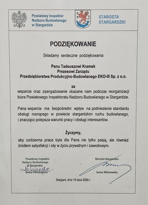 Dokument z referencją od Starosty Stargardzkiego.